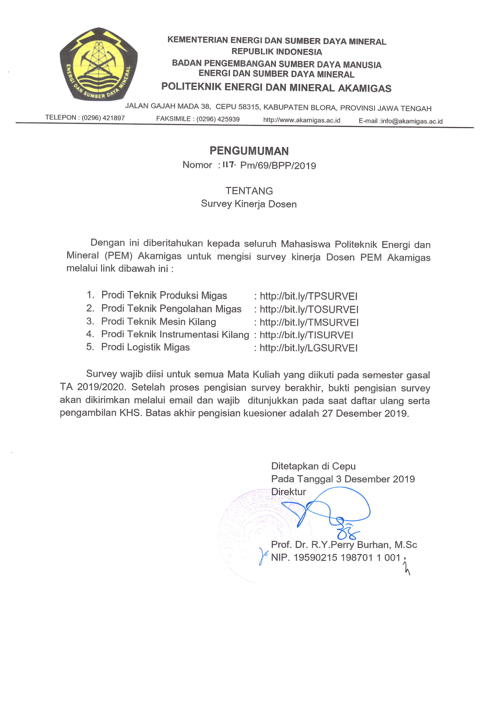 PENGUMUMAN NOMOR: 117.Pm/69/BPP/2019 TENTANG SURVEI KINERJA DOSEN