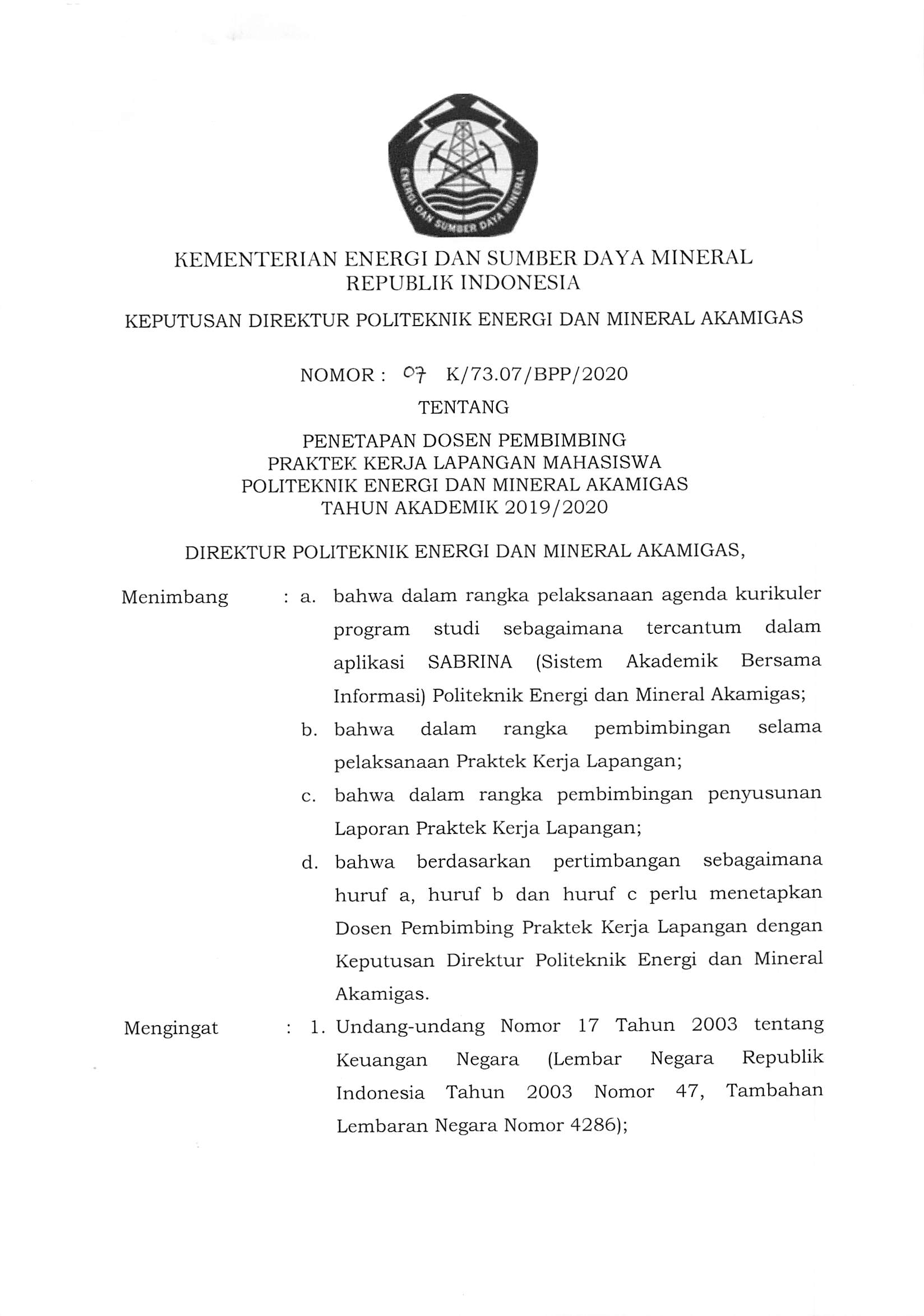 SK Penetapan Dosen Pembimbing PKL Mahasiswa PEM Akamigas TA 2019 2020