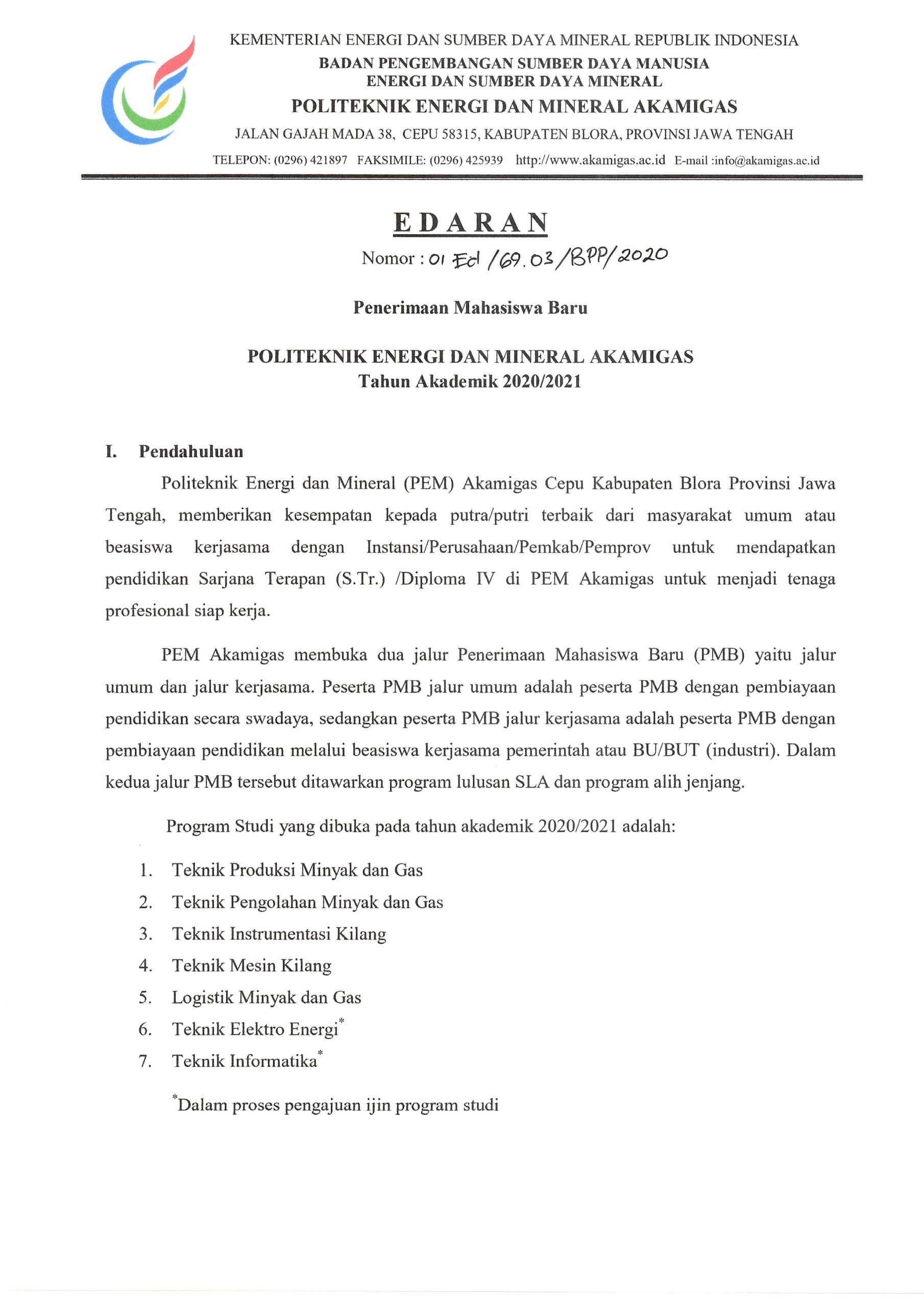 Surat Edaran PMB Tahun Akademik 2020/2021