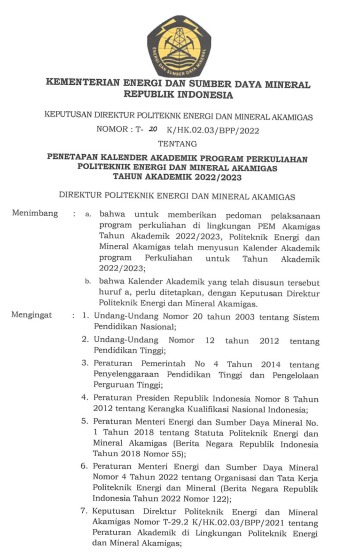 Penetapan Kalender Akademik Program Perkuliahan PEM Akamigas TA 2022/2023