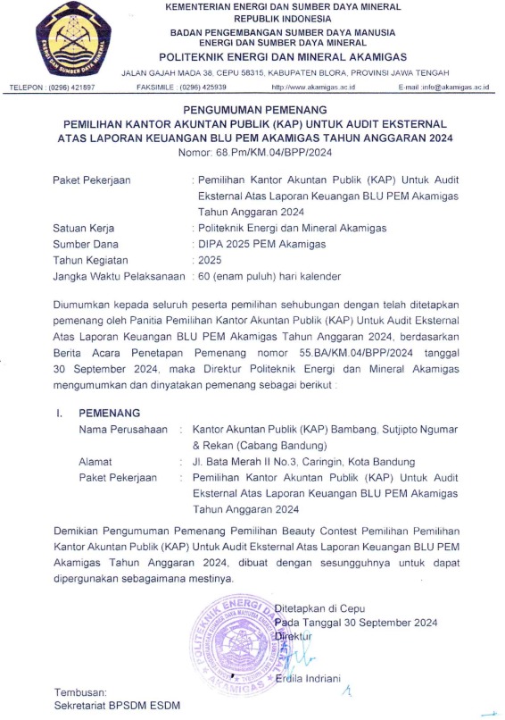 Pengumuman dan Penetapan Pemenang Beauty Contest KAP atas Audit LK 2024